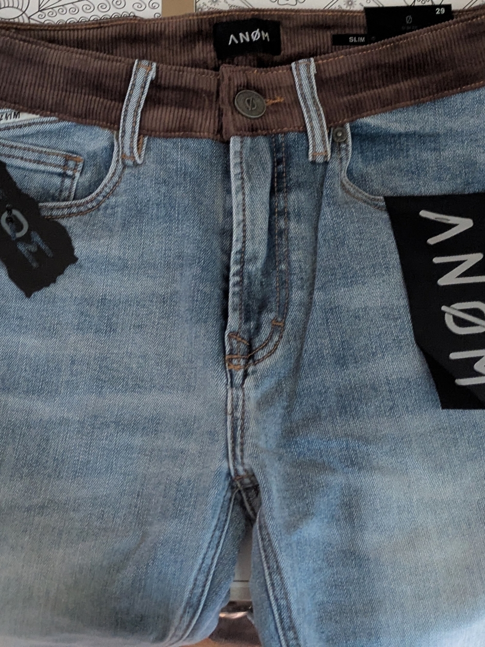 Slim Light Blue Jeans with Brown Waistband